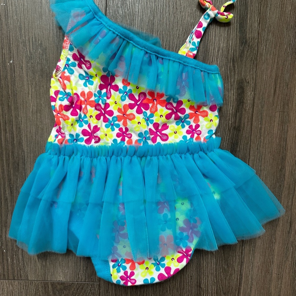 Garanimals Turquoise Floral One-Shoulder Tulle Swim Dress Bathing Suit - Picture 4 of 7